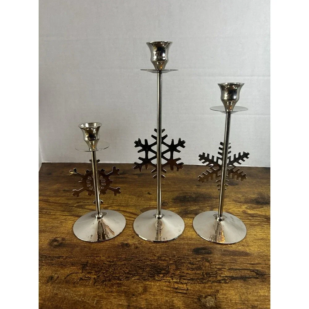 International Silver Red Snowflake Candle Holders Set 3 Christmas Holiday Decor